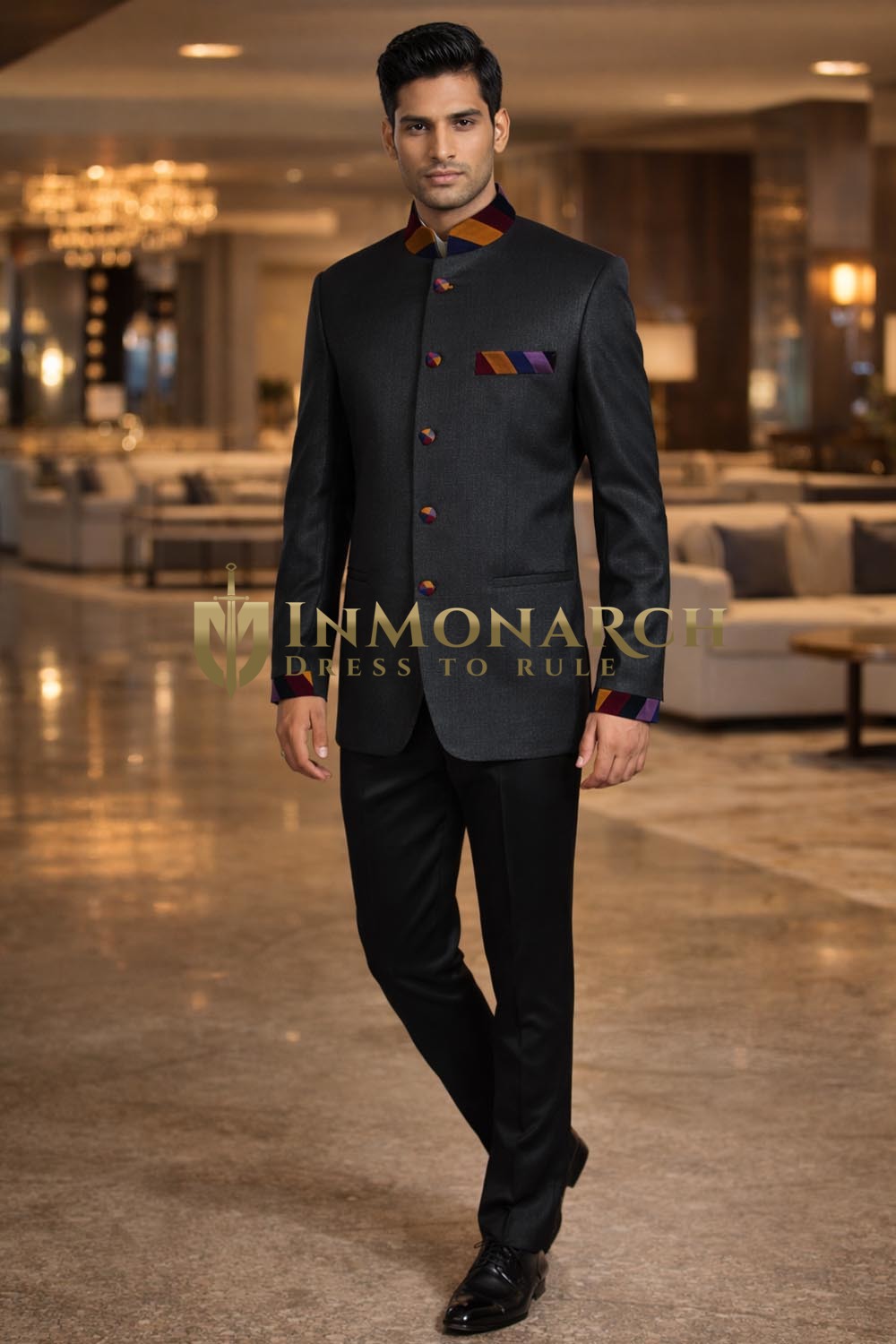 Mens Black Jodhpuri Suit 2 Pc Velvet Trim Wedding Formal Outfit