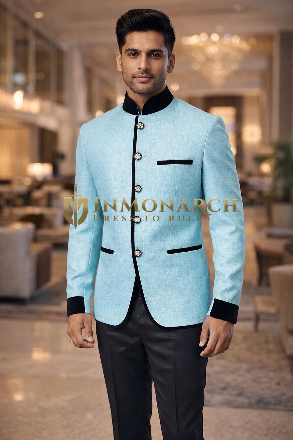 Mens Cyan Jodhpuri Suit 2 Pc Velvet Trim Wedding Formal Outfit