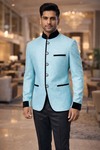 Mens Cyan Jodhpuri Suit 2 Pc Velvet Trim Wedding Formal Outfit