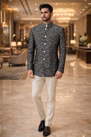 Jodhpur Anzug Blumenmuster schwarz weiß