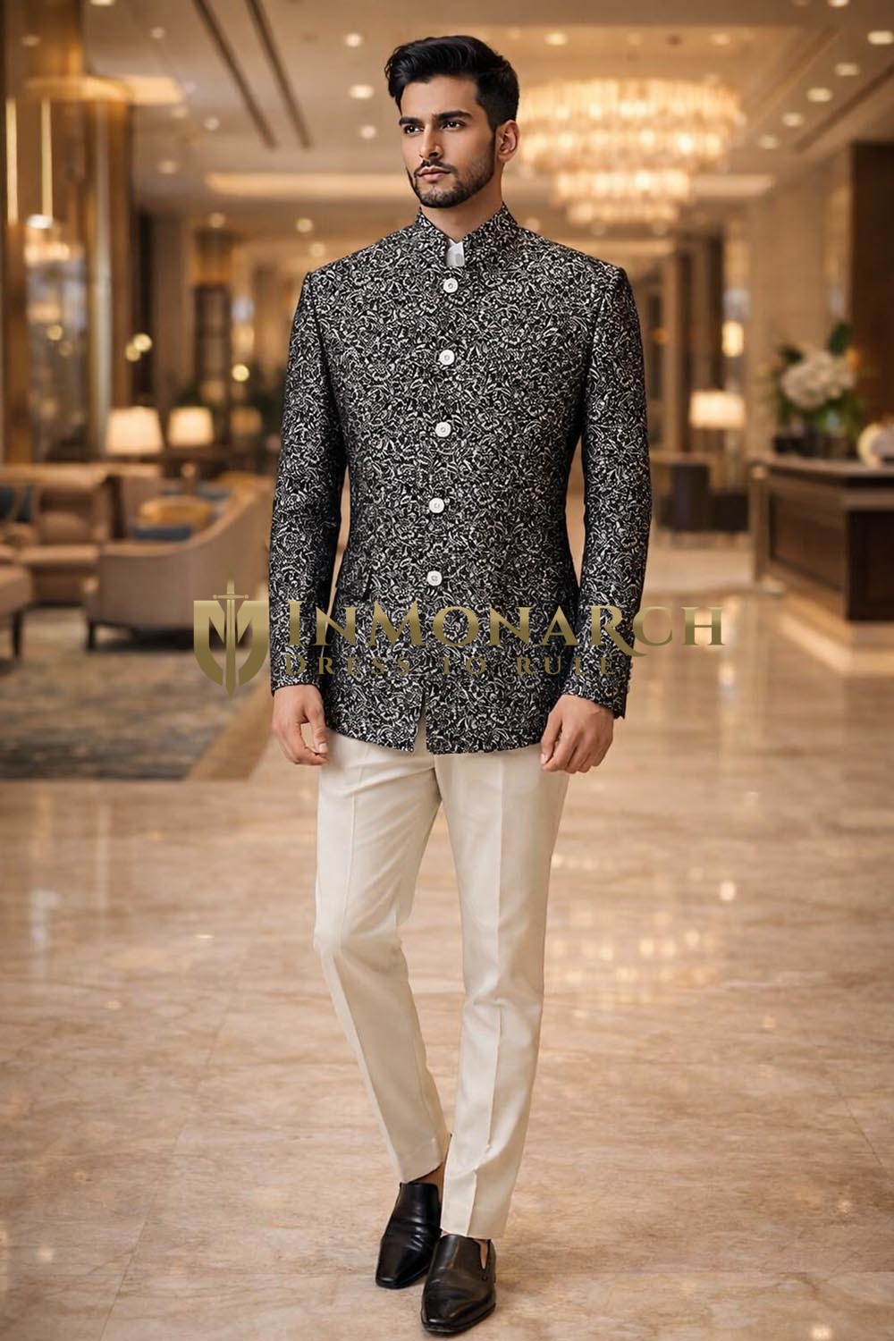 Mens Black Polyester 2 Pc Jodhpuri Suit Floral Designs