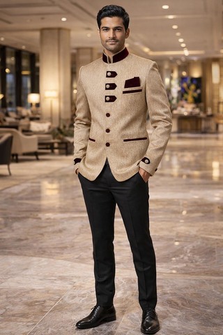 Jodhpuri Anzug Beige Bordeaux Samt
