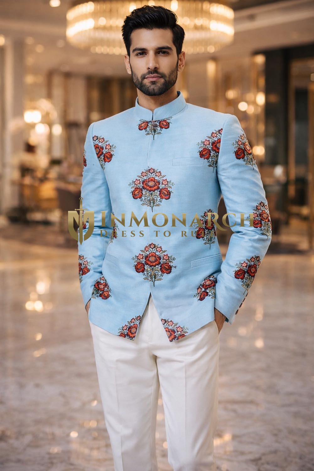 Mens Sky Blue Embroidered Jodhpuri Suit 2 Pc Wedding Outfit