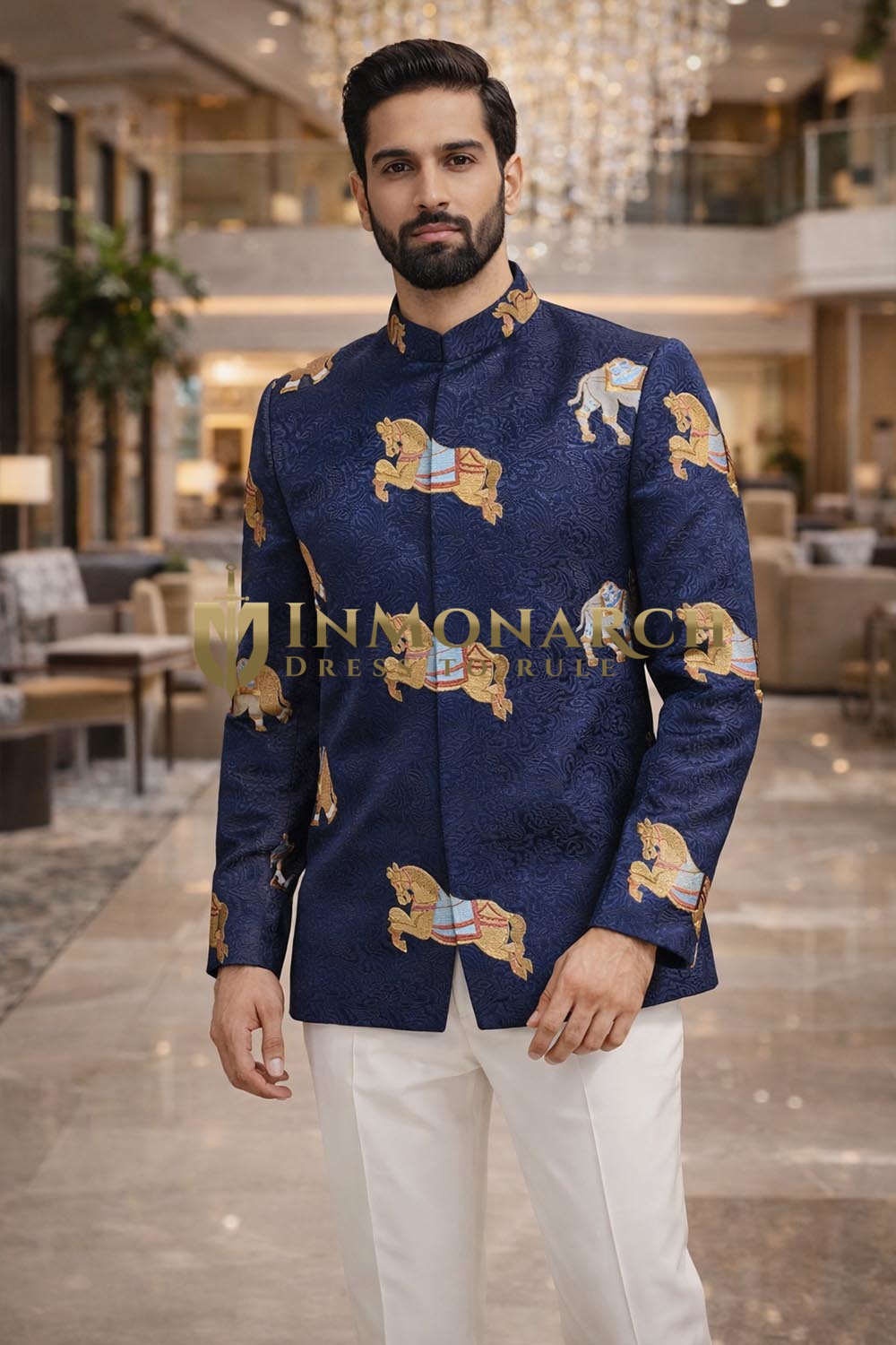 Mens Navy Blue Embroidered Jodhpuri Suit 2 Pc Wedding Outfit
