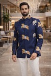 Mens Navy Blue Embroidered Jodhpuri Suit 2 Pc Wedding Outfit