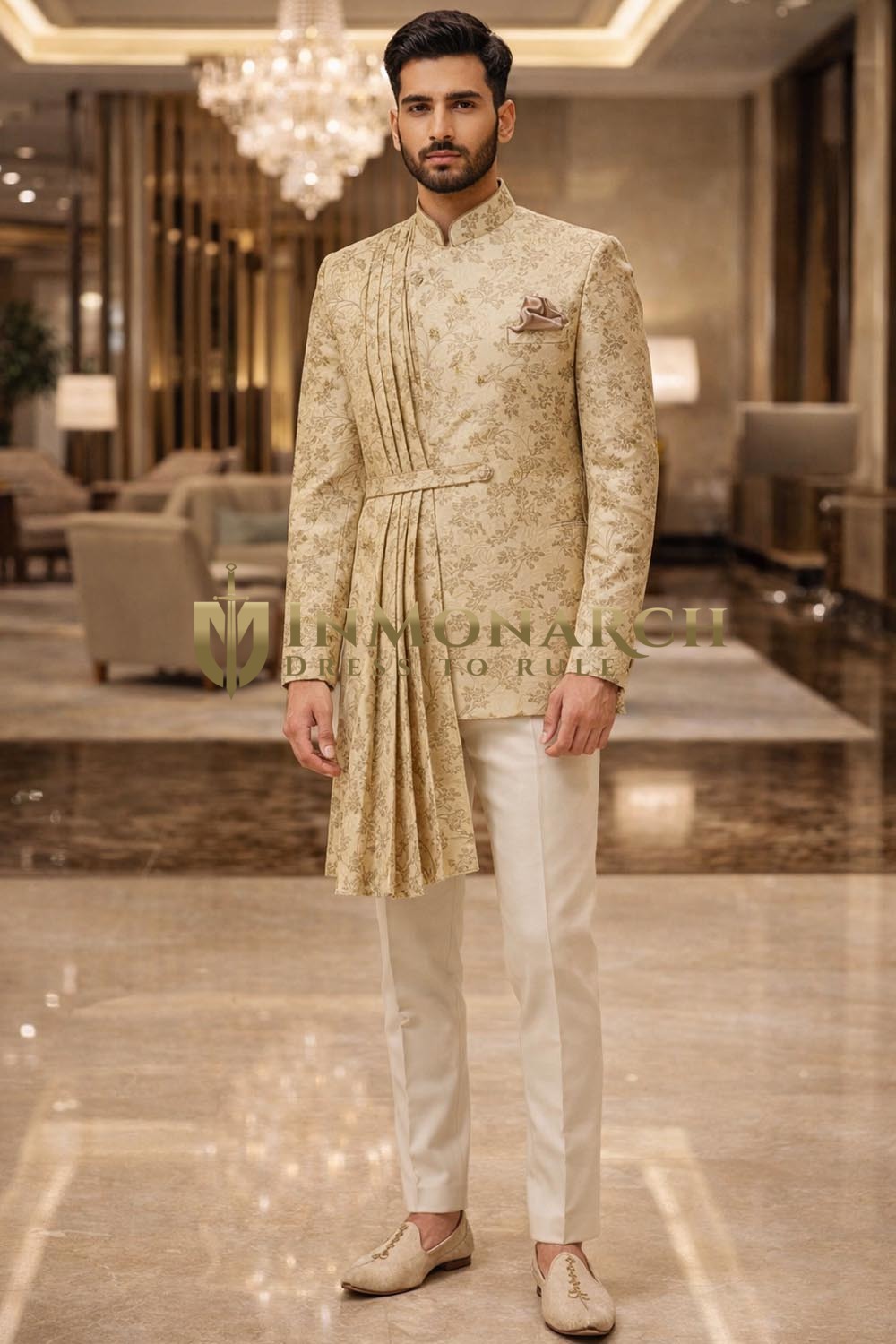 Mens Yellow Embroidered Jodhpuri Suit 3 Pc Wedding Outfit