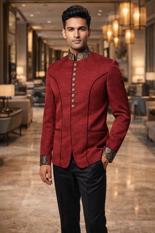  Jodhpuri Anzug Herren Brokat Bordeaux