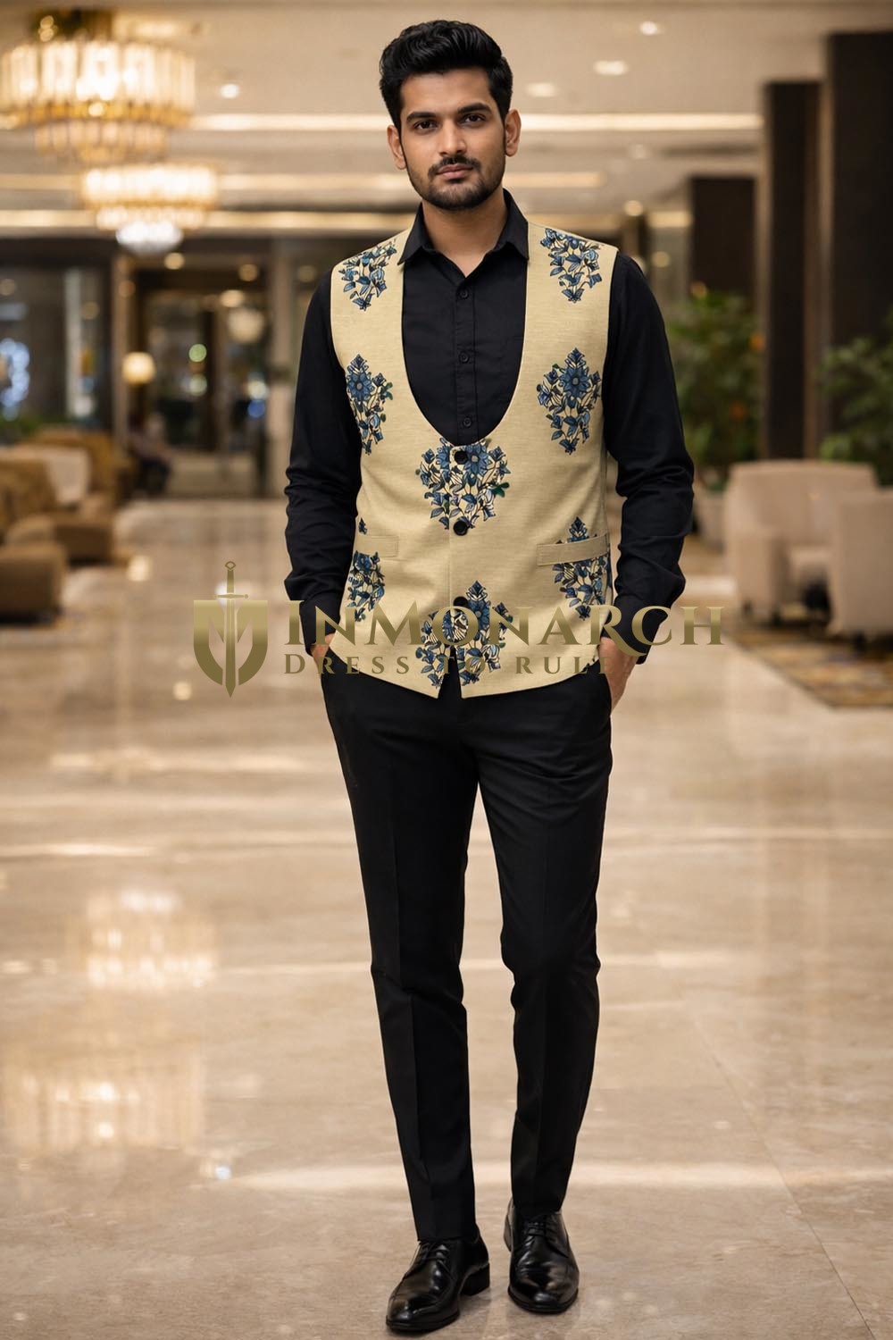Mens Yellow Embroidered Nehru Vest Slim Fit Wedding Waistcoat Jacket