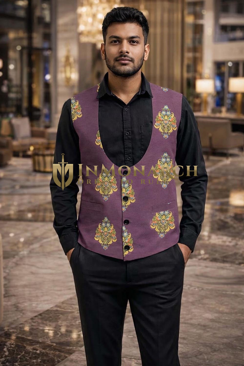 Mens Purple Floral U Neck Vest Slim Fit Wedding Waistcoat Jacket