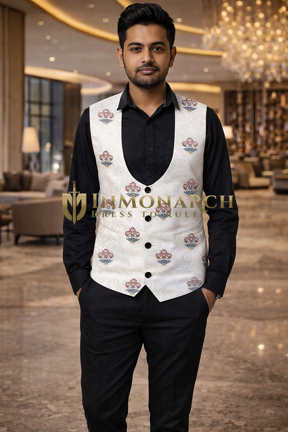Mens White Floral U Neck Vest Slim Fit Wedding Waistcoat Jacket
