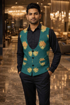Mens Green Floral U Neck Vest Slim Fit Wedding Waistcoat Jacket