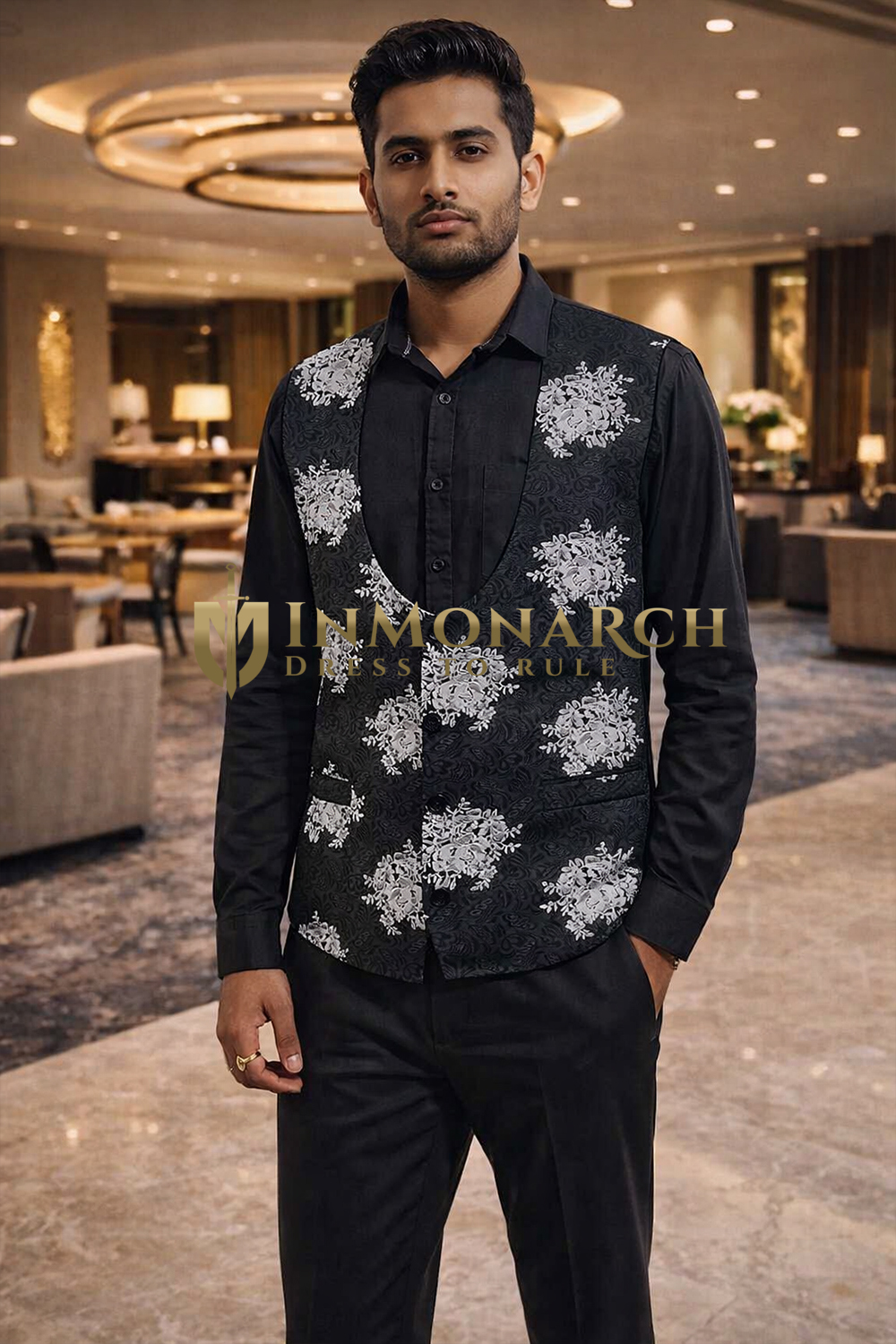 Mens Black Floral U Neck Vest Slim Fit Wedding Waistcoat Jacket