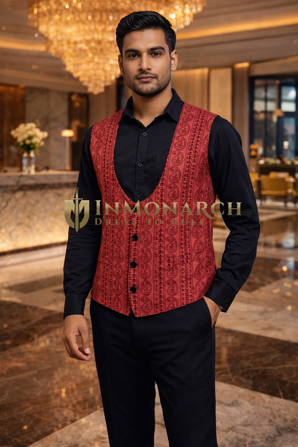 Mens Red Paisley Embroidered U Neck Vest Slim Fit Wedding Waistcoat Jacket