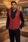 Mens Red Paisley Embroidered U Neck Vest Slim Fit Wedding Waistcoat Jacket