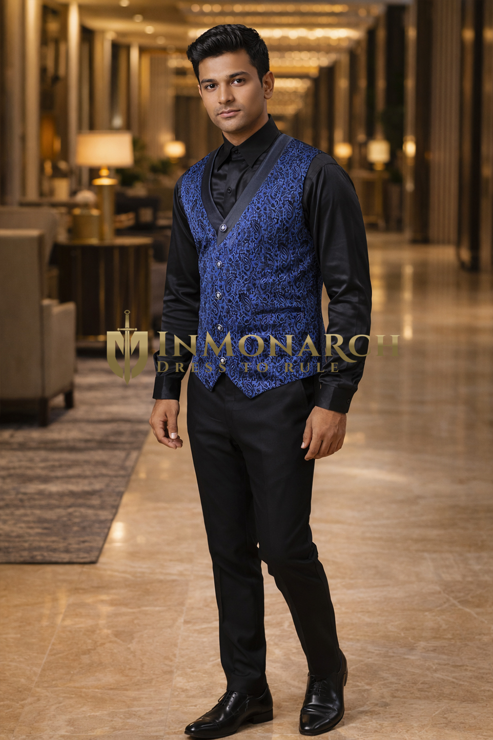 Mens Blue Paisley Velvet V Neck Vest Slim Fit Wedding Waistcoat Jacket