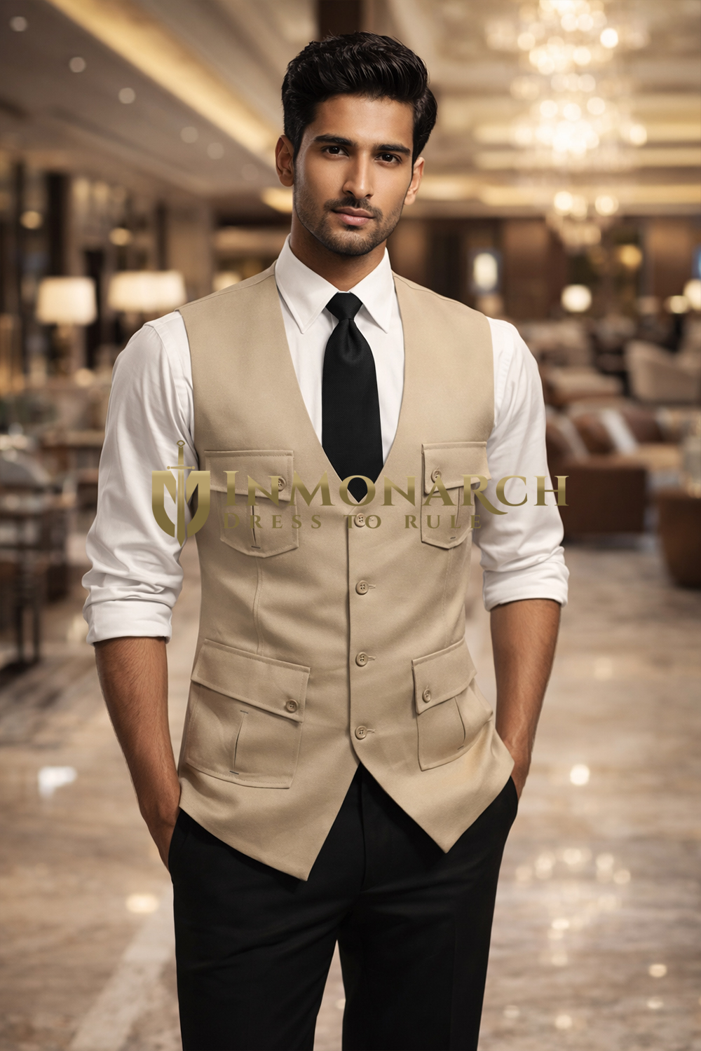 Mens Tan Cotton Safari Vest 4 Button Tailored Fit Designer Waistcoat Style