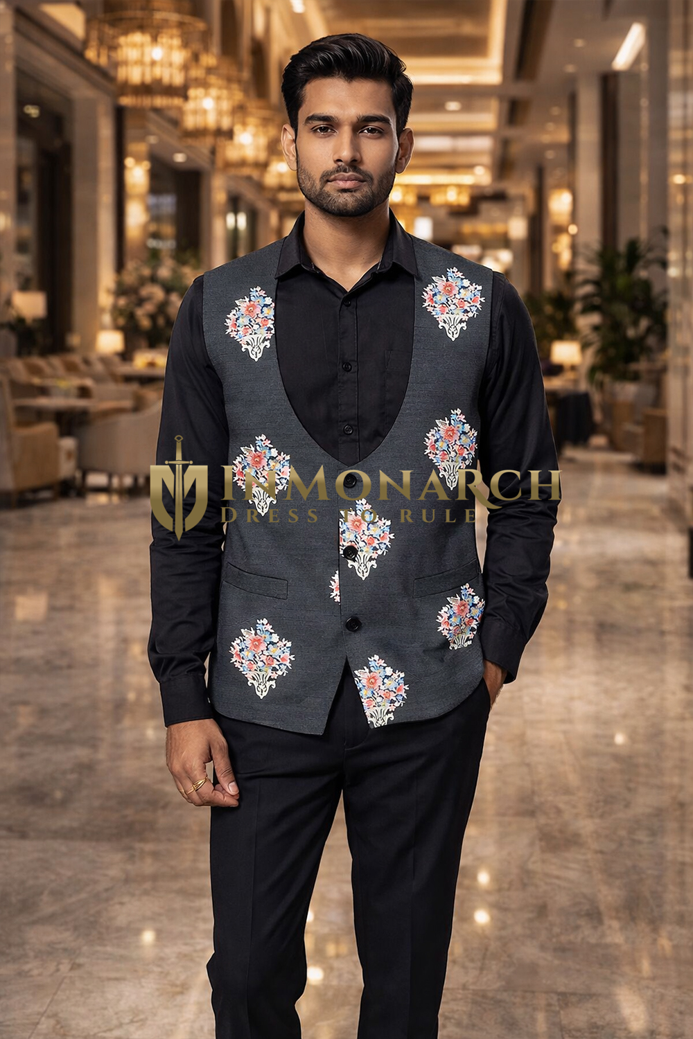 Mens Black Floral Embroidered U Neck Suit Vest Tailored Designer Waistcoat