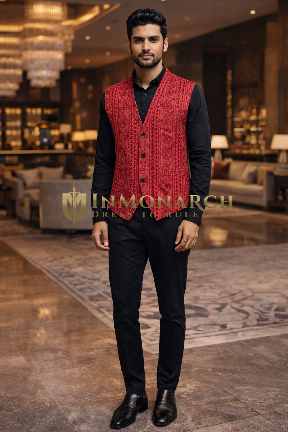 Mens Red Paisley Embroidered Shawl Lapel Suit Vest Designer Waistcoat