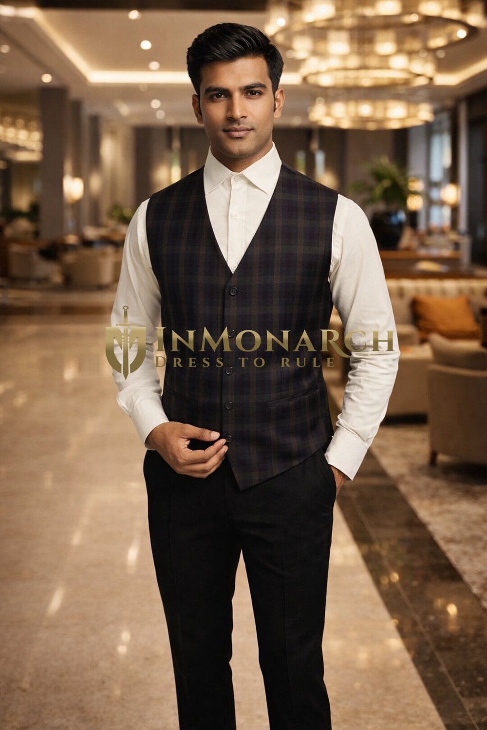 Mens Gray Check V Neck Suit Vest Tailored Formal Designer Waistcoat Style