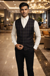Mens Gray Check V Neck Suit Vest Tailored Formal Designer Waistcoat Style