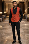 Mens Red Floral Leaf U Neck Suit Vest Tailored Designer Waistcoat Style