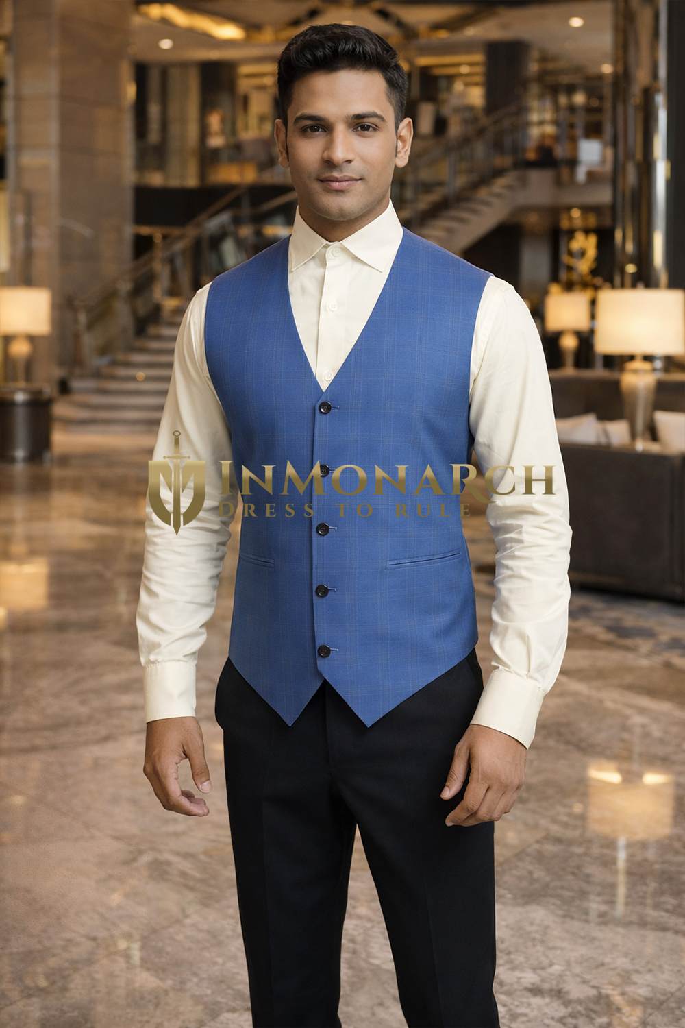 Mens Sky Blue Check V Neck Suit Vest Tailored Partywear Waistcoat Style