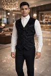 Mens Black Velvet Floral V Neck Dinner Vest Tailored Formal Waistcoat