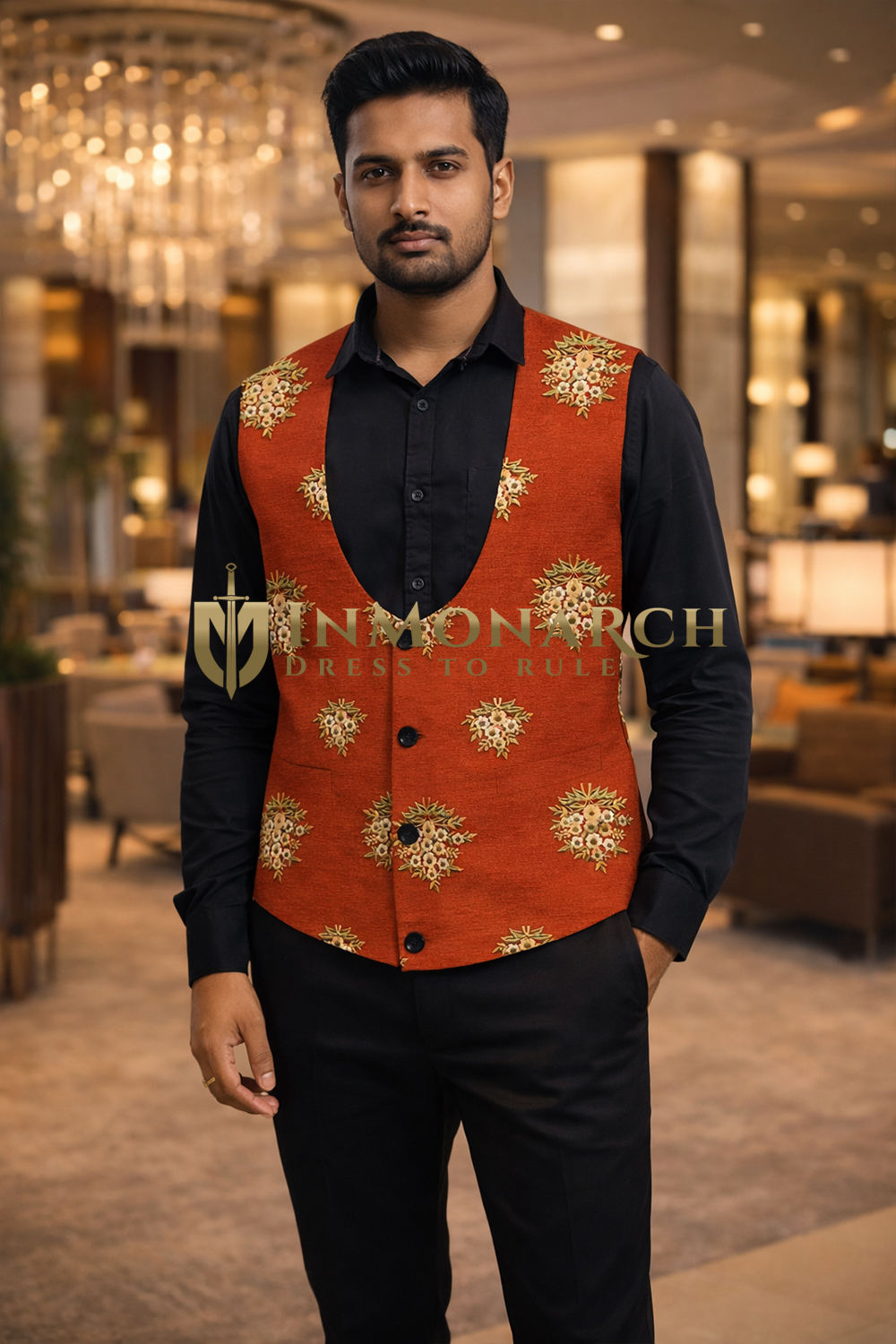 Mens Rust Floral Embroidered U Neck Suit Vest Tailored Designer Waistcoat
