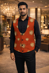 Mens Rust Floral Embroidered U Neck Suit Vest Tailored Designer Waistcoat