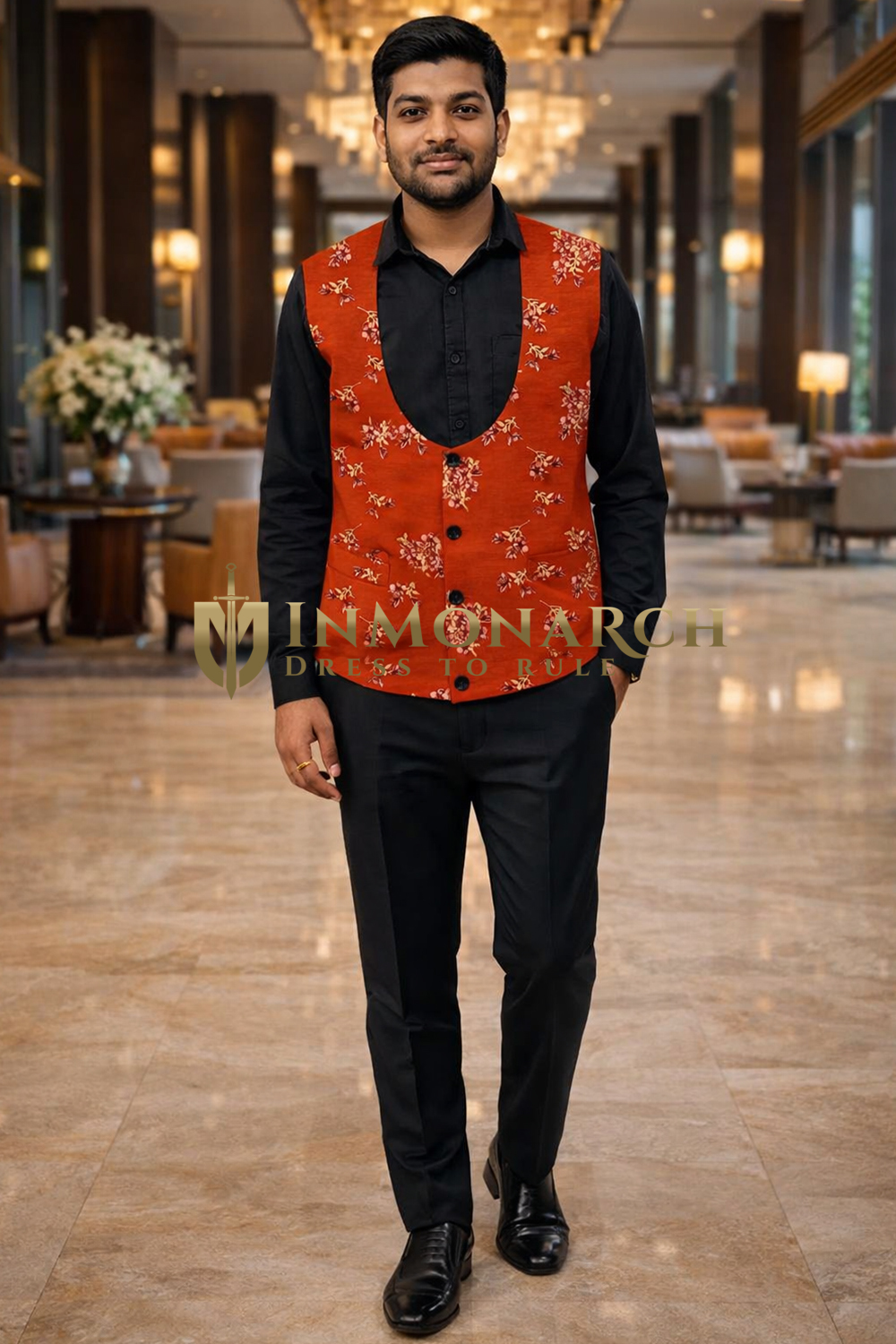 Mens Red Floral Embroidered U Neck Suit Vest Tailored Designer Waistcoat