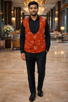 Mens Red Floral Embroidered U Neck Suit Vest Tailored Designer Waistcoat