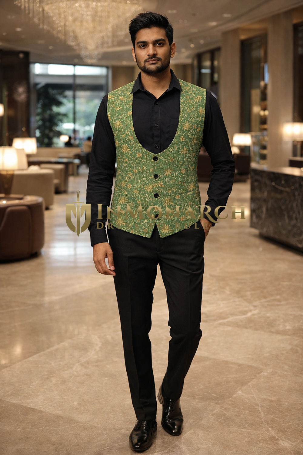Mens Green Floral U Neck Suit Vest Tailored Designer Formal Waistcoat