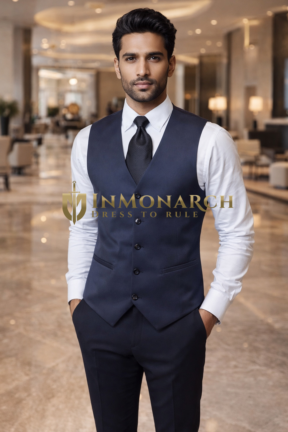 Mens Blue Merino Wool V Neck Waistcoat Tailored Formal Suit Vest Style