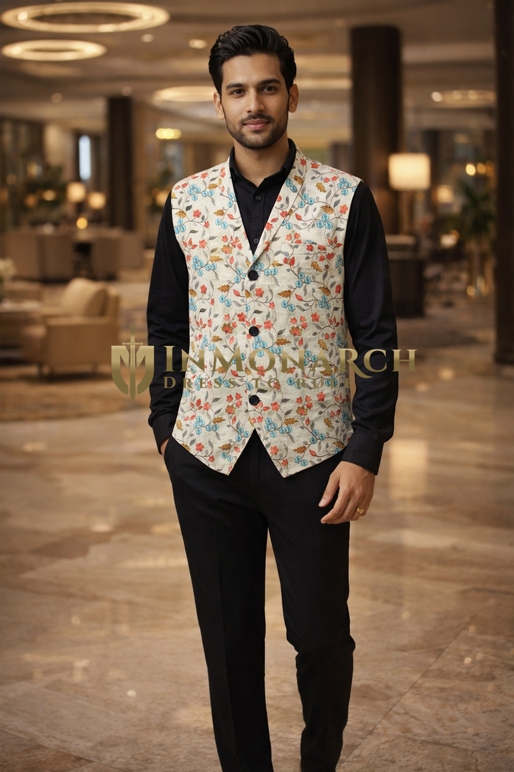 Mens Beige Floral Shawl Lapel Suit Vest Tailored Designer Waistcoat