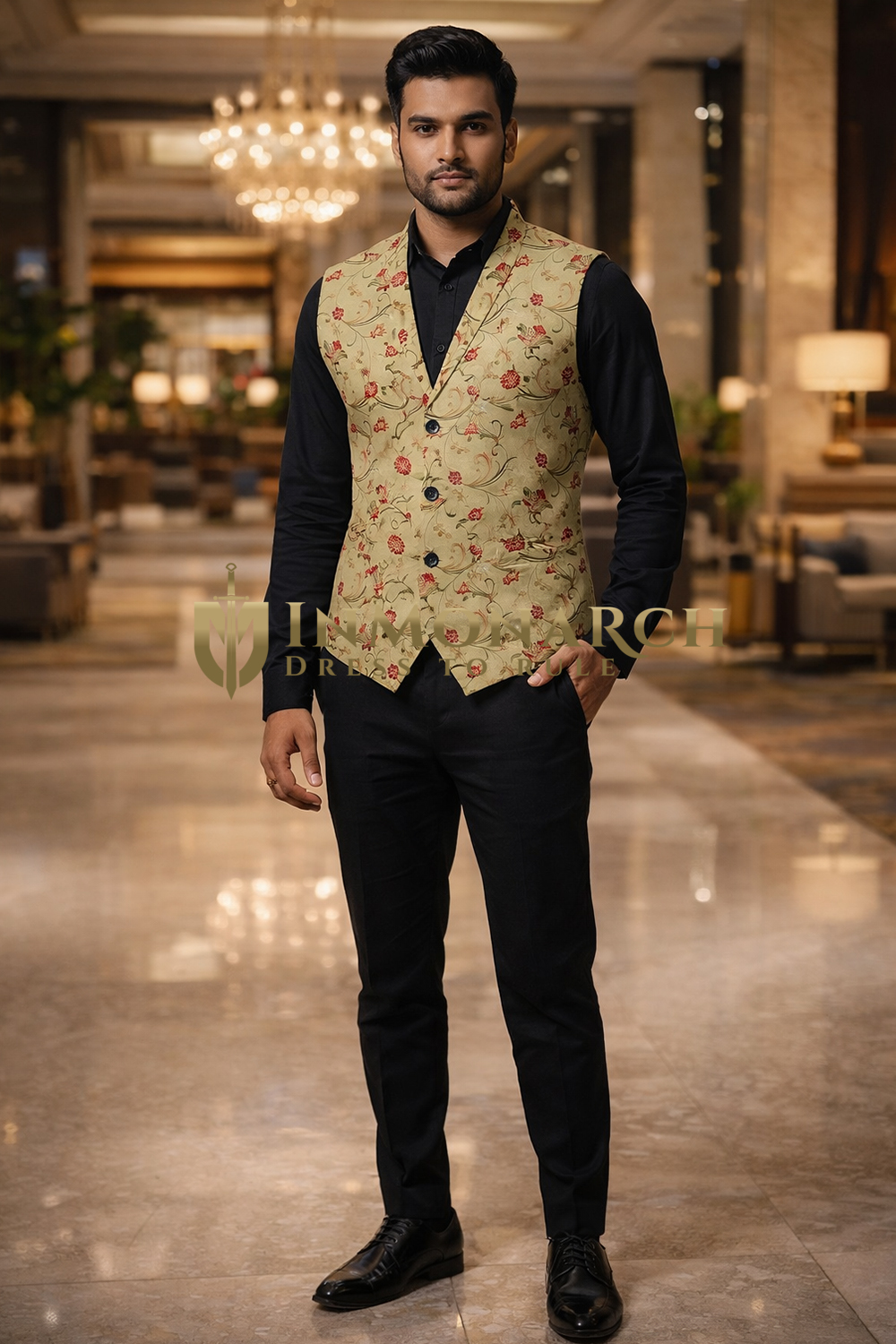 Mens Yellow Floral Shawl Lapel Suit Vest Tailored Designer Waistcoat