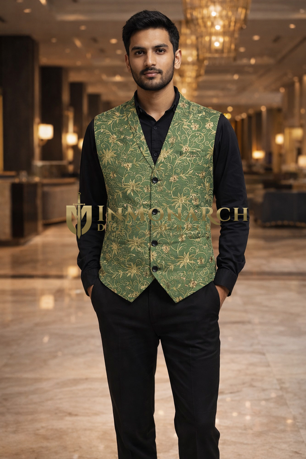 Mens Green Floral Shawl Lapel Suit Vest Tailored Designer Waistcoat