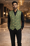 Mens Green Floral Shawl Lapel Suit Vest Tailored Designer Waistcoat