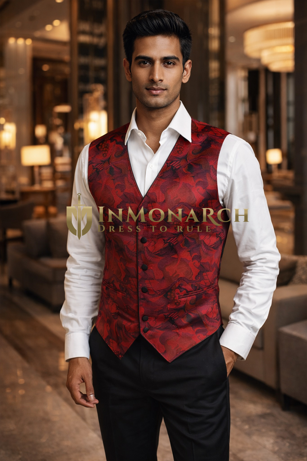Mens Red Velvet Printed V Neck Dinner Vest Tailored Designer Waistcoat