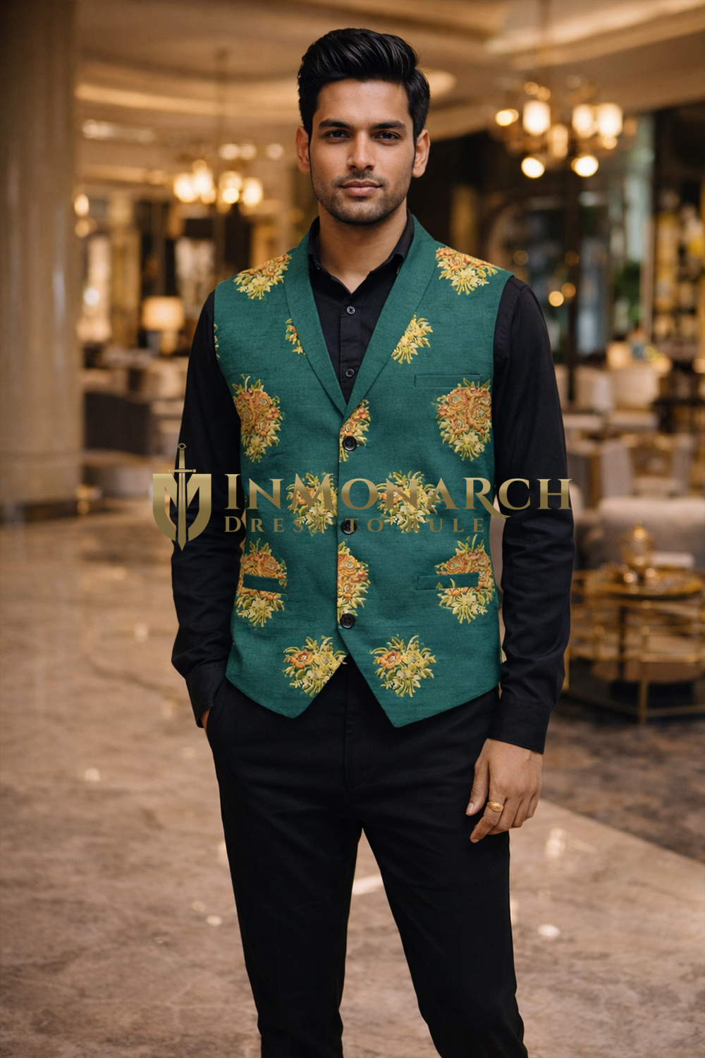 Mens Floral Embroided Shawl Lapel Green Suit Vest
