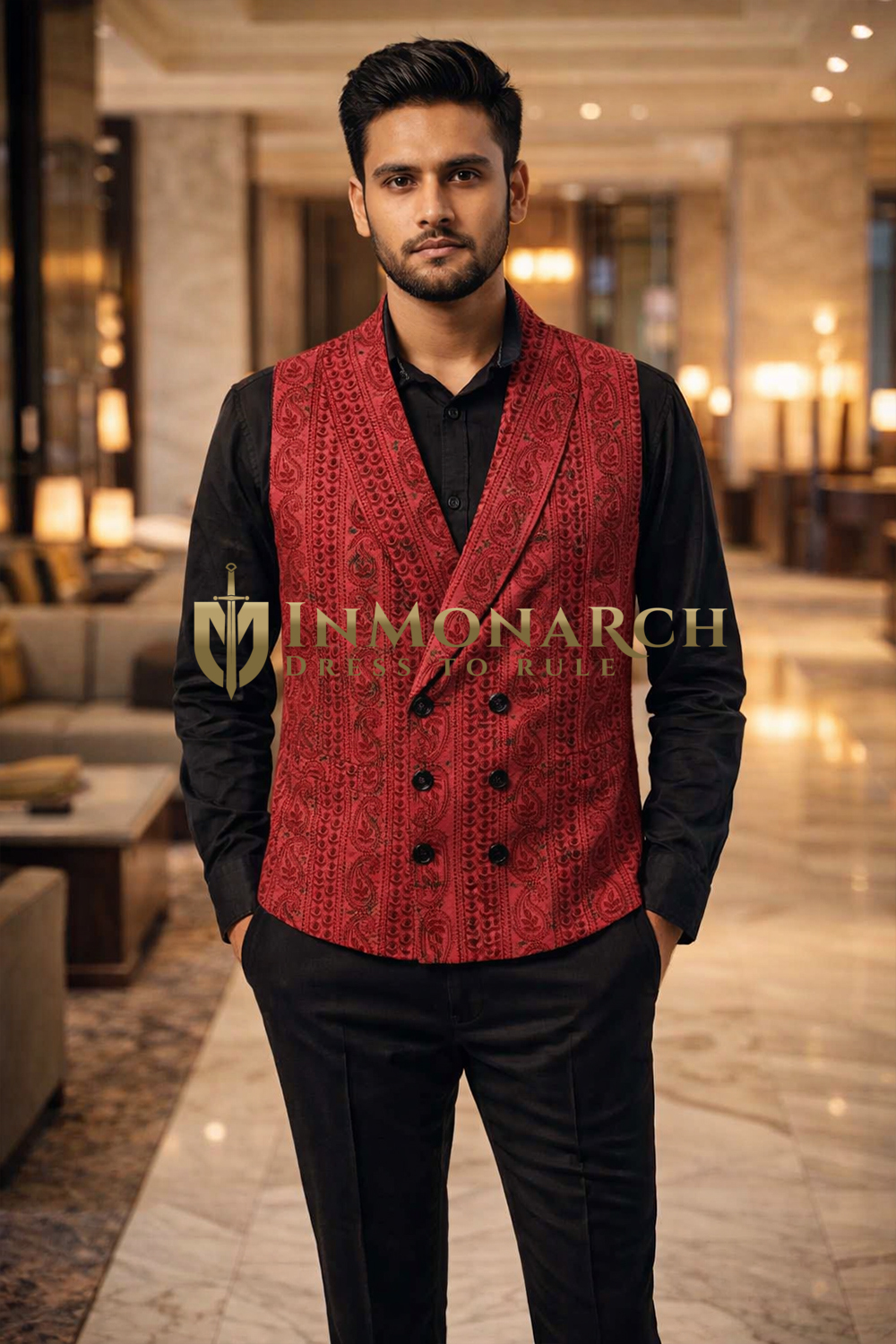 Mens Red Floral Embroidered Peak Lapel Suit Vest Designer Waistcoat