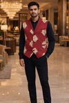 Mens Red Gold Embroidered Shawl Lapel Suit Vest Designer Waistcoat