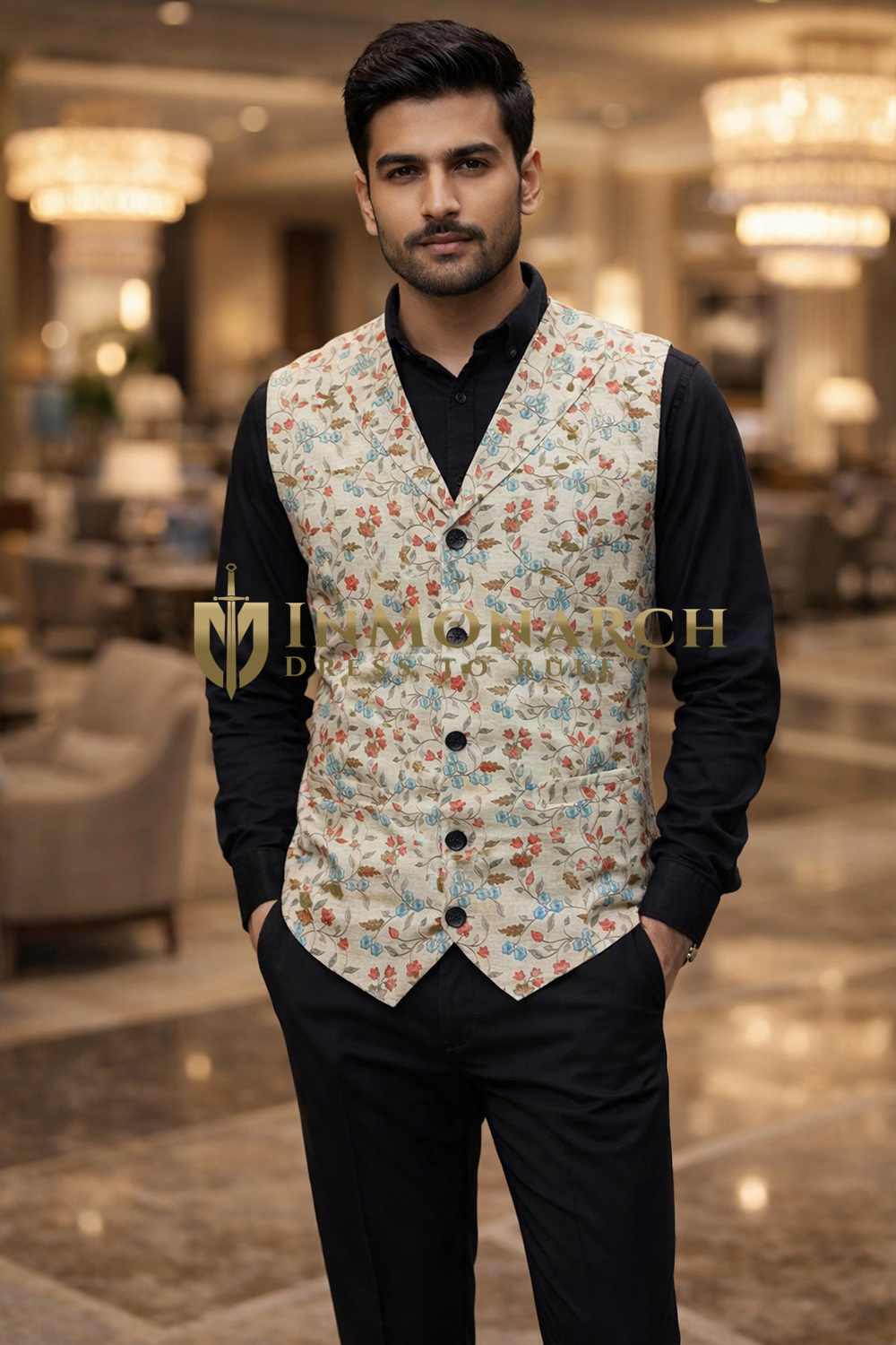 Mens Beige Floral Suit Vest Tailored Fit Designer Wedding Waistcoat Style