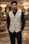 Mens Beige Floral Suit Vest Tailored Fit Designer Wedding Waistcoat Style