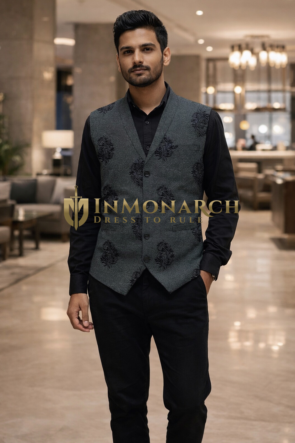Mens Black Floral Shawl Lapel Suit Vest Tailored Wedding Waistcoat Style