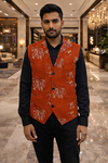 Mens Rust Floral Embroidered Shawl Lapel Suit Vest Wedding Waistcoat Look