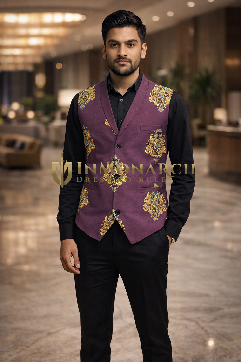 Mens Purple Floral Shawl Lapel Suit Vest Tailored Wedding Waistcoat Look