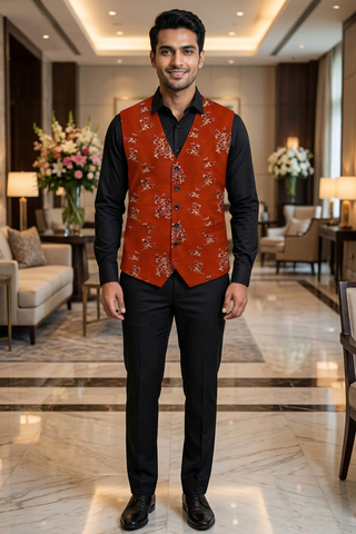 Mens Red Floral Embroidered V Neck Suit Vest Tailored Wedding Waistcoat