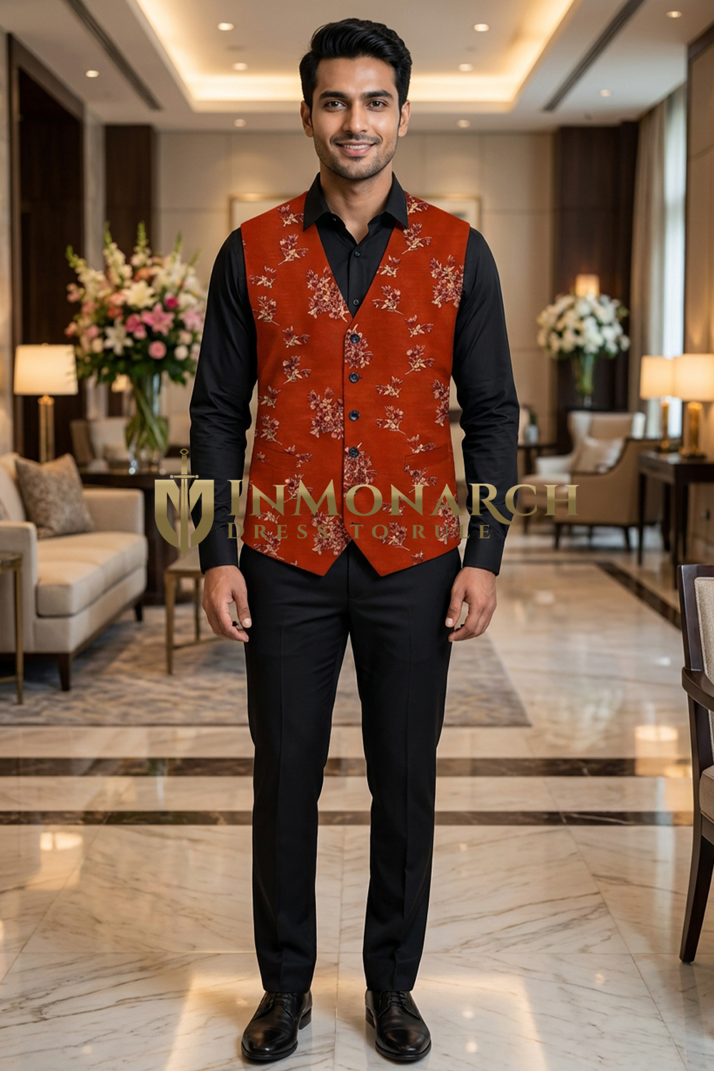 Mens Red Floral Embroidered V Neck Suit Vest Tailored Wedding Waistcoat