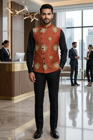 Mens Red Floral Embroidered Angrakha Suit Vest Wedding Waistcoat Style