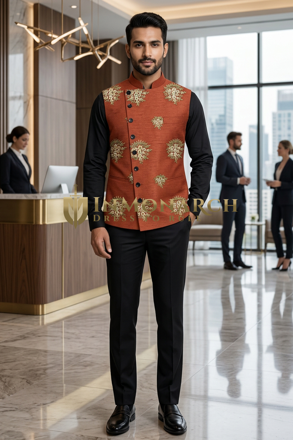 Mens Red Floral Embroidered Angrakha Suit Vest Wedding Waistcoat Style